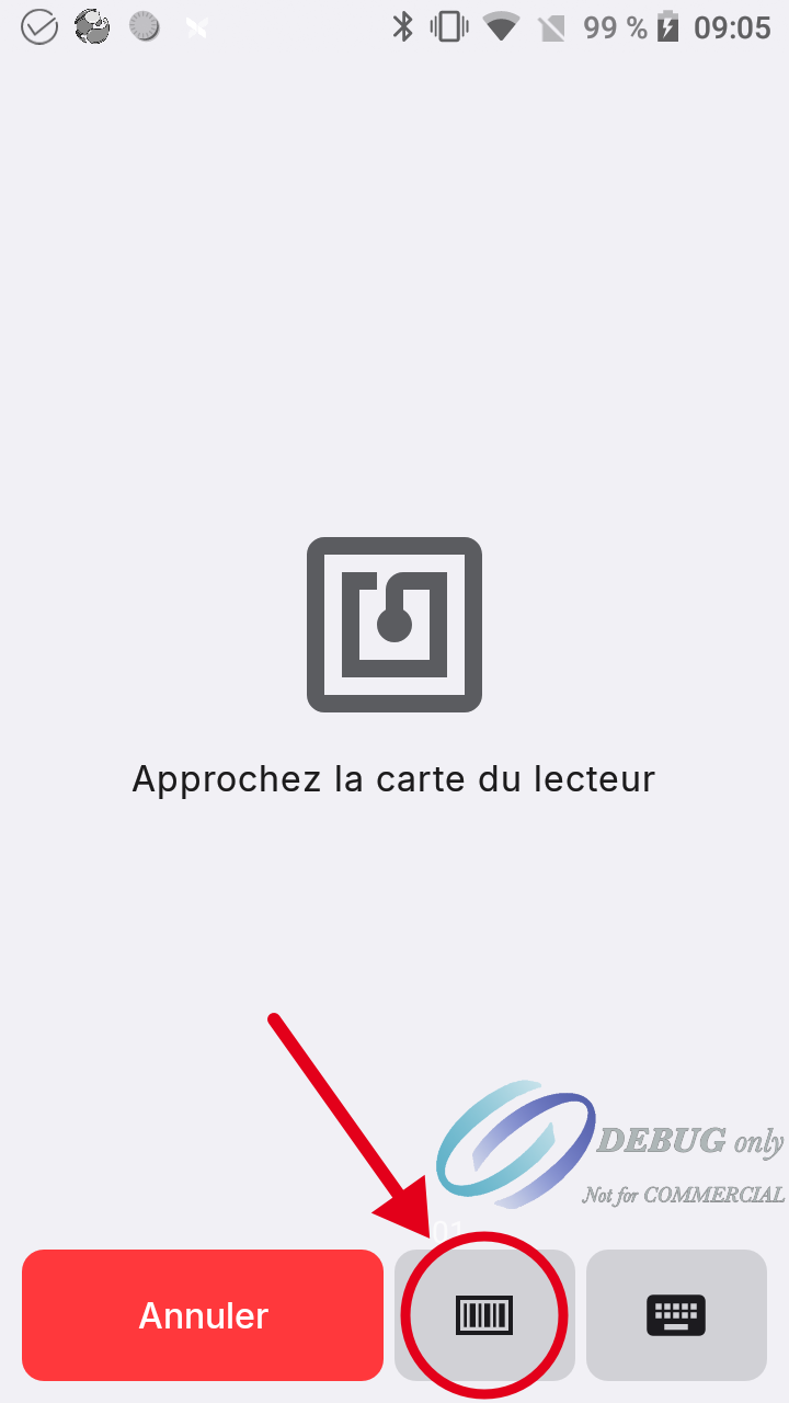 Flèche rouge sur l'icône code-barres, en bas de l'écran de lecture sans contact