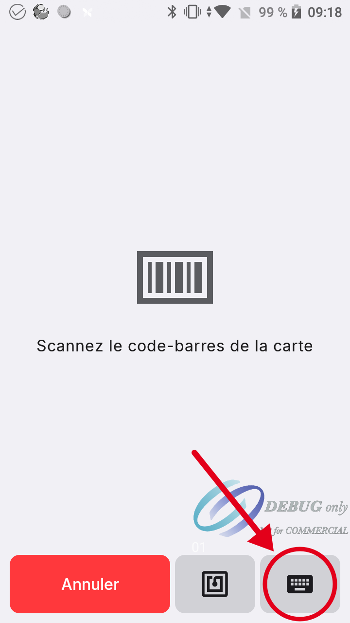 Flèche rouge sur l'icône clavier, en bas à droite de l'écran de lecture du code-barres