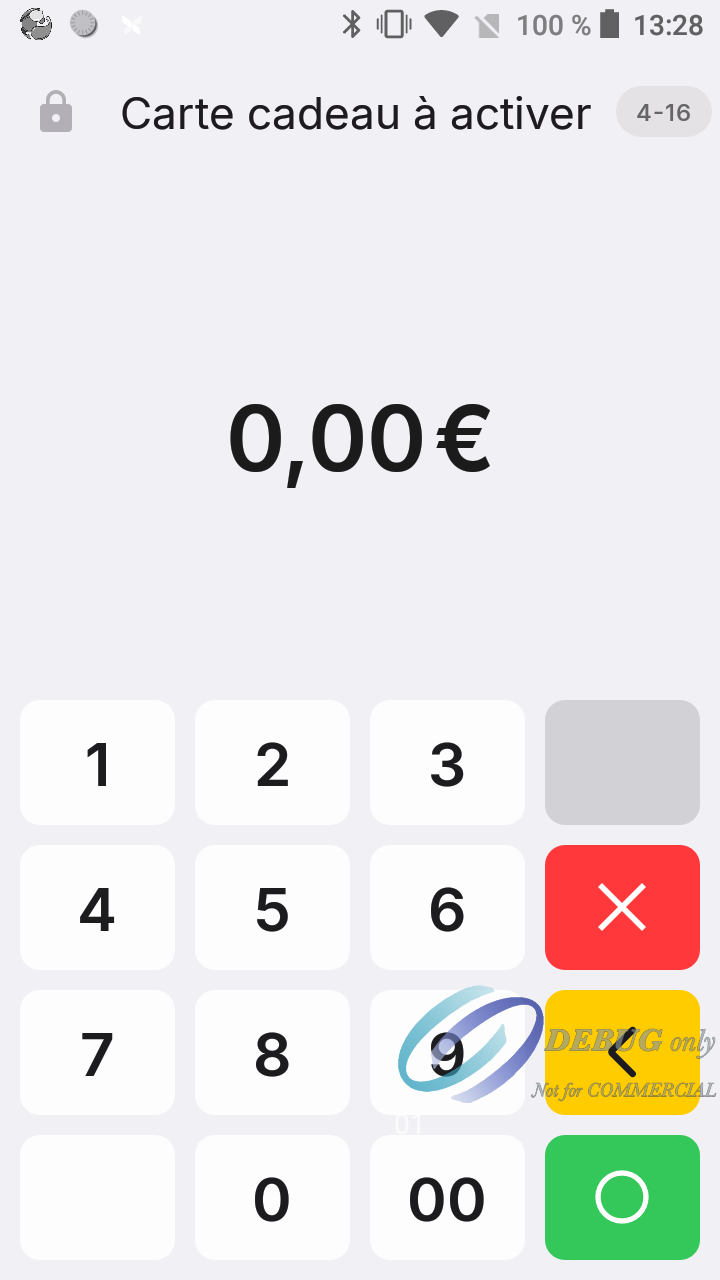 Écran Carte cadeau à activer : saisie du montant à charger